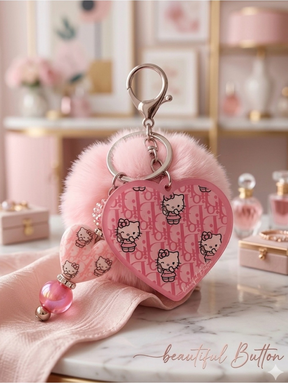 Custom keychain 
Hk Pink Heart Keychain with Pom Pom